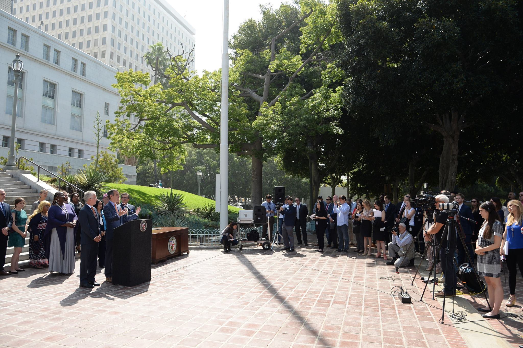 Los Angeles Mayor Eric Garcetti speaks to the press at the budget signing. 